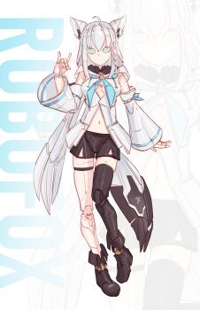 1girl absurdres ahoge animal_ear_fluff animal_ears aqua_eyes bare_shoulders black_footwear black_shorts black_tail black_thighhighs blue_neckerchief braid crossed_bangs detached_sleeves double-parted_bangs fox_ears fox_girl fox_shadow_puppet fox_tail highres hololive humanoid_robot hyde_(tabakko) long_hair low-tied_long_hair mechanization multicolored_tail navel neckerchief robot shirakami_fubuki shirakami_fubuki_(1st_costume) short_shorts shorts side_braid sidelocks simple_background single_braid single_thighhigh tail thigh_strap thighhighs virtual_youtuber white_background white_hair white_tail