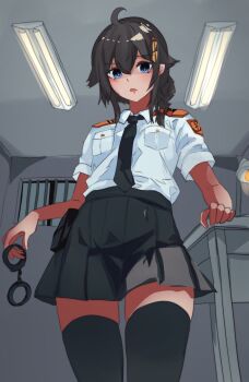 1girl ahoge alternate_costume bars black_hair black_necktie black_skirt black_thighhighs blue_eyes braid breast_pocket ceiling_light collared_shirt commentary_request crossed_bangs cuffs desk_lamp dress_shirt from_below hair_flaps hair_ornament hair_over_shoulder handcuffs highres holding holding_handcuffs indoors interrogation iron_bars kantai_collection lamp leaning leaning_on_table long_hair looking_at_viewer military_uniform miron_(mirona33) necktie open_mouth pleated_skirt pocket shigure_(kancolle) shigure_kai_ni_(kancolle) shirt short_sleeves single_braid skirt skirt_pocket table thigh_gap thighhighs white_shirt window