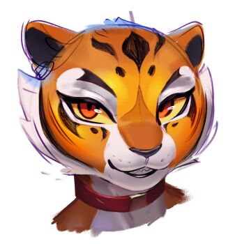 1girl animal_ears collar colored_sclera dtr_art furry furry_female kung_fu_panda looking_at_viewer orange_fur portrait red_collar red_eyes simple_background solo tiger_ears tiger_girl tigress_(kung_fu_panda) white_background yellow_sclera