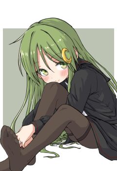 1girl absurdres black_sailor_collar black_serafuku black_skirt blush commentary_request crescent crescent_hair_ornament green_eyes hair_between_eyes hair_ornament highres jewelry kantai_collection long_hair long_sleeves looking_at_viewer nagatsuki_(kancolle) neckerchief no_shoes pantyhose pok_(pok_0002) ring sailor_collar school_uniform serafuku simple_background sitting skirt smile soles solo thighband_pantyhose very_long_hair wedding_ring white_neckerchief