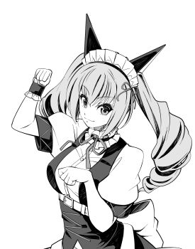 1girl absurdres akiha_rumiho animal_ear_hairband animal_ears back_bow belt_around_waist belt_buckle bow breasts buckle cat_ears commentary_request drill_hair eibon fake_animal_ears frills greyscale hairband highres long_hair looking_at_viewer maid maid_headdress mayqueen_maid_uniform medium_breasts monochrome paw_pose puffy_short_sleeves puffy_sleeves science_adventure short_sleeves smile solo steins;gate tsurime twin_drills twintails white_wrist_cuffs wrist_cuffs