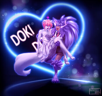 1boy 1girl absurdres angry animal_ears animal_hands beastkin carrying couple couples dress fire ghost_flame happy hellhound highres kidnapped kidnapping messy_hair monster_boy monster_girl original pale_skin piercing pink_hair ponytail princess_carry purple_eyes purple_fur purple_hair reverse_princess_carry role_reversal ruthless_raven_art shorts tail tan tie tongue tongue_out tongue_piercing vest wedding_dress white_fur wolf_ears wolf_tail