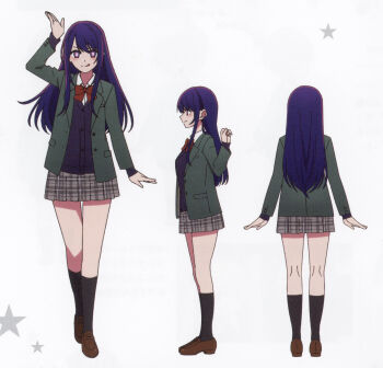 1girl :p absurdres arm_above_head black_socks blush bow brown_shoes green_jacket hair_between_eyes highres hoshino_ai jacket long_hair looking_at_viewer non-web_source official_art oshi_no_ko plaid_clothes plaid_skirt purple_eyes purple_hair red_bow reference_sheet scan school_uniform self-scan shoes sidelocks skirt socks solo star-shaped_pupils star_(symbol) symbol-shaped_pupils tongue tongue_out white_background