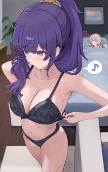 Rule 34 | 1girl, 1other, adjusting bra, adjusting clothes, akiyama mizuki, asahina mafuyu, bare arms, bed, bed sheet, black bra, black panties, blue eyes, blush, bra, breasts, cleavage, closed eyes, closed mouth, collarbone, commentary request, couch, cowboy shot, crossed bangs, hair between eyes, hair down, hair ornament, hair over shoulder, hair scrunchie, high ponytail, highres, indoors, lace, lace-trimmed bra, lace trim, large breasts, lingerie, long hair, musical note, navel, on bed, orange scrunchie, panties, pillow, pink hair, plant, ponytail, potted plant, project sekai, purple hair, scrunchie, sidelocks, speech bubble, spoken musical note, standing, stomach, under covers, underwear, underwear only, usagi melon3, wooden floor