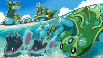 :d animal_focus blacknirrow blue_sky closed_eyes closed_mouth cloud commentary day dot_nose evolutionary_line finneon fish gastrodon gastrodon_(east) gen_4_pokemon highres nintendo no_humans open_mouth outdoors outline pink_eyes pokemon pokemon_(creature) pokemon_focus sea_slug shellos shellos_(east) sky sleeping smile underwater water white_outline