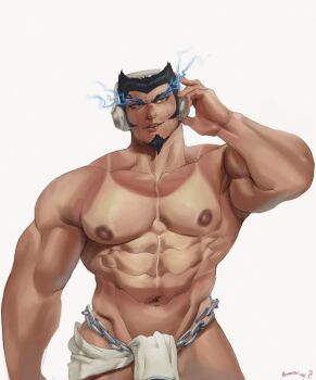 1boy abs bara black_hair chain danganronpa_(series) danganronpa_2:_goodbye_despair facial_hair goatee headphones highres large_pectorals male_focus meme muscular muscular_male navel nidai_nekomaru nipples nizzperoo pectorals short_hair simple_background smile solo white_background