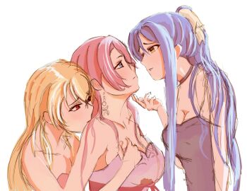 3girls absurdres alisa_reinford blonde_hair blue_hair blush breasts cleavage eiyuu_densetsu emma_millstein eye_contact face-to-face hand_on_another&#039;s_chin highres hug laura_s._arseid long_hair looking_at_another multiple_girls pink_hair r_thors sen_no_kiseki_(series) simple_background yuri