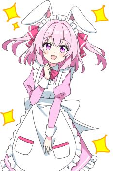 1girl :d animal_ears apron blush bow bowtie commentary_request cowboy_shot dot_nose dress frilled_apron frilled_dress frills hair_ribbon hand_up juliet_sleeves kotatsu-mazoku long_sleeves looking_at_viewer maid maid_headdress medium_hair open_mouth original pink_bow pink_bowtie pink_dress pink_eyes pink_hair pink_ribbon puffy_sleeves rabbit_ears rabbit_girl ribbon simple_background smile solo sparkle two_side_up white_apron white_background