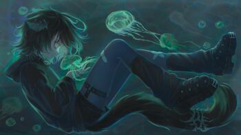 1girl absurdres air_bubble animal_ears bandaid bandaid_on_leg black_boots black_hair black_hoodie black_socks boots bubble closed_mouth commentary face_piercing from_side full_body green_background green_eyes highres hood hood_down hoodie jellyfish lip_piercing long_sleeves looking_at_animal mdm4 original piercing profile short_hair socks solo symbol-only_commentary tail thigh_strap underwater