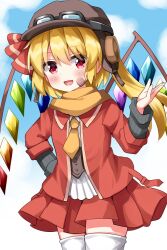 Rule 34 | 1girl, :d, bandaid, bandaid on face, blonde hair, commentary, cowboy shot, crystal, english commentary, eyewear on head, flandre scarlet, hair ribbon, highres, jacket, long hair, long sleeves, necktie, open mouth, outdoors, pilot helmet, red eyes, red jacket, ribbon, ruu (tksymkw), scarf, side ponytail, smile, solo, thighhighs, touhou, white thighhighs, wings, yellow necktie, yellow scarf