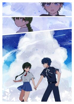 Rule 34 | absurdres, belt, black hair, blue eyes, blue hair, braid, breasts, brown eyes, comic, earrings, highres, jewelry, juumonji tsubasa, kyoukai no rinne, long hair, mamiya sakura, necklace, open mouth, pants, short hair, skirt, socks