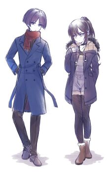 1boy 1girl alternate_costume alternate_hairstyle aqua_eyes arms_at_sides black_choker black_pants black_sleeves black_thighhighs blue_coat blue_sleeves blunt_bangs blunt_ends brown_hair brown_shoes buttons casual choker closed_mouth coat contemporary double-breasted drawstring eyeliner eyeshadow fringe_trim full_body fur-trimmed_collar fur-trimmed_shoes fur_trim genshin_impact grey_overalls grey_shoes hair_between_eyes hands_in_pockets high_collar high_ponytail highres lapels layered_sleeves long_sleeves makeup mona_(genshin_impact) overalls pants parted_bangs ponytail purple_coat purple_eyes purple_hair red_eyeliner red_eyeshadow red_scarf renacchi06 ribbed_shirt ribbed_sleeves scaramouche_(genshin_impact) scarf shirt shoes sidelocks standing swept_bangs thighhighs tsurime undershirt white_background
