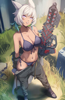 1girl absurdres animal_ears bare_shoulders bikini bikini_under_clothes black_bikini breasts bullpup cleavage clothes_pull collarbone commission crossover dark-skinned_female dark_skin destiny_(game) earrings facial_mark feather_earrings feathers final_fantasy final_fantasy_xiv front-tie_bikini_top front-tie_top grass grin gun halterneck highres hiroki_ree holding holding_gun holding_weapon jewelry large_breasts miqo&#039;te navel no_shirt outbreak_perfected_(destiny) outdoors pants pants_pull parted_lips pulling_own_clothes purple_eyes rifle side-tie_bikini_bottom smile solo stomach string_bikini sweat swimsuit tan weapon white_hair y&#039;shtola_rhul