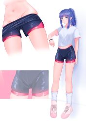 Rule 34 | 1girl, absurdres, bike shorts, black shorts, blue eyes, blue hair, breasts, closed mouth, clothes pull, full body, groin, gym uniform, highres, long hair, looking at viewer, magia record: mahou shoujo madoka magica gaiden, mahou shoujo madoka magica, midriff, multiple views, navel, pink footwear, ponytail, radio.broom, shirt, shoes, short shorts, short sleeves, shorts, shorts pull, sidelocks, sneakers, socks, standing, stomach, sweat, thighs, watch, white background, white shirt, wristwatch