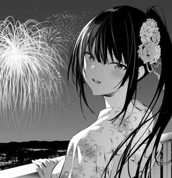 1girl back fireworks greyscale haite_kudasai_takamine-san hiiragi_yuuichi japanese_clothes kimono long_hair looking_back monochrome original ponytail solo takamine_takane