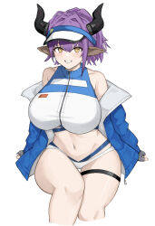 Rule 34 | 1girl, absurdres, animal ears, arknights, bikini, blue jacket, breasts, cow ears, cow girl, cow horns, highres, horns, huge breasts, jacket, off shoulder, official alternate costume, open clothes, open jacket, purple hair, rain (rain8649), sideroca (arknights), sideroca (light breeze) (arknights), simple background, solo, swimsuit, thigh strap, visor cap, white background, white bikini, yellow eyes