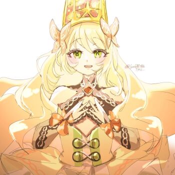 1girl :d bare_shoulders blonde_hair bow butterfly_hair_ornament celine_(fire_emblem) commentary_request crown dress dress_bow fire_emblem fire_emblem_engage flat_chest gem green_eyes hair_ornament highres looking_at_viewer minto71311 nintendo open_mouth orange_bow orange_gem princess smile solo wrist_bow yellow_dress