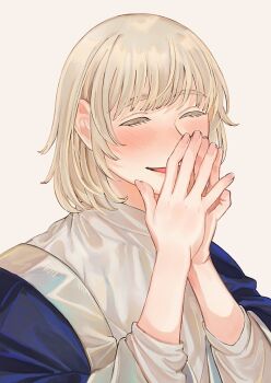 1girl alt_text blonde_hair blue_robe blush brown_background closed_eyes colored_eyelashes commentary dungeon_meshi falin_touden falin_touden_(tallman) hand_to_own_mouth hands_up highres laughing long_sleeves own_hands_together parted_lips robe sasakura34 shirt short_hair simple_background smile solo upper_body white_shirt