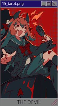 1girl absurdres bandaid bandaid_on_knee bandaid_on_leg black_cardigan black_sailor_collar black_skirt black_socks bow bowtie brown_hair card_(medium) cardigan collared_shirt demon_horns demon_tail evil_neuro-sama highres holding holding_microphone horns indie_virtual_youtuber long_hair microphone microsoft_windows neuro-sama non-web_source open_mouth pasharuu red_background red_bow red_bowtie red_eyes sailor_collar shirt simple_background sitting skirt smile socks solo tail tarot tarot_(medium) the_devil_(tarot) two_side_up white_shirt window_(computing) windows_95 windows_classic