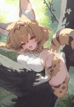 1girl absurdres animal_ear_fluff animal_ears animal_print blonde_hair breasts forest gloves highres kemono_friends large_breasts looking_at_viewer lying nature on_stomach open_mouth outdoors p00nipooni serval_(kemono_friends) short_hair thighhighs white_gloves yellow_eyes