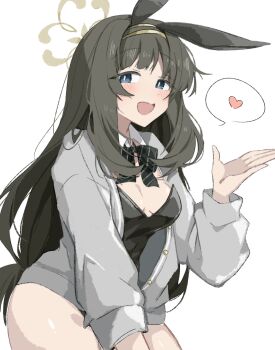 Rule 34 | 1girl, :d, animal ears, black hair, black leotard, blue archive, blue eyes, breasts, commentary request, cowboy shot, fake animal ears, grey jacket, halo, heart, highres, jacket, leotard, long hair, long sleeves, looking at viewer, mamiya076, open mouth, playboy bunny, rabbit ears, simple background, smile, solo, spoken heart, tsumugi (blue archive), white background