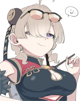 1girl absurdres black_dress breasts brown_hair china_dress chinese_clothes cleavage cleavage_cutout clothing_cutout commentary_request dress eyewear_on_head hair_over_one_eye highres holding looking_at_viewer purple_eyes simple_background smile solo spoken_expression sweety_(zenless_zone_zero) upper_body white_background yoruniyoruyoshi zenless_zone_zero