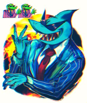 3boys :d blue_jacket blue_skin border brothers chromatic_aberration collared_shirt colored_skin colored_teeth commentary_request crocodile_boy facing_viewer fingernails furry furry_male gator_guy_(omori) green_skin heavy_chromatic_aberration highres inward_w jacket long_sleeves ma_e_zo male_focus mr._jawsum multiple_boys necktie omori open_mouth outside_border pinstripe_jacket pinstripe_pattern red_necktie shark_boy sharp_teeth shirt siblings simple_background smile solo_focus sunglasses teeth upper_body w white_border white_shirt yellow_background yellow_teeth