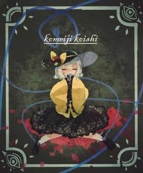 1girl black_boots black_hat black_skirt boots bow character_name closed_eyes commentary_request flower frilled_skirt frilled_sleeves frills full_body grey_background grey_hair hat hat_bow komeiji_koishi long_sleeves red_flower red_rose rose shinjitsu_no_kuchi shirt short_hair sitting skirt solo third_eye touhou wariza yellow_bow yellow_shirt