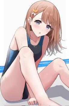 1girl :o arm_between_legs arm_support bare_arms bare_legs black_one-piece_swimsuit blue_one-piece_swimsuit blush breasts brown_hair collarbone commentary competition_swimsuit corrupted_twitter_file feet_out_of_frame flower grey_eyes hair_behind_ear hair_flower hair_ornament hanasato_minori highres knees_up kunizaki long_hair looking_at_viewer one-piece_swimsuit parted_lips pool poolside project_sekai shadow simple_background sitting small_breasts solo swept_bangs swimsuit tareme thighs two-tone_one-piece_swimsuit water wet wet_hair