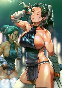 2girls apron apron_lift bamboo bandaged_arm bandages black_apron black_hair blue_eyes bottle breasts clothes_lift comb commentary_request fundoshi hair_bun hair_ornament hair_ribbon hairpin heavy_breathing highres holding holding_pickaxe ichiren_takushou japanese_clothes large_breasts lifting_own_clothes lips multiple_girls muscular muscular_female no_bra one_eye_closed original pickaxe ponytail ribbon scar sideboob single_hair_bun thighhighs water_bottle white_legwear