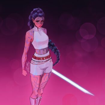 avyc02 bare_shoulders belt black_background boots braid clenched_hand ear_piercing energy_sword gradient_background heterochromia highres holding holding_sword holding_weapon knee_boots kpop_demon_hunters long_braid long_hair midriff netflix piercing purple_hair red_background rumi_(kpop_demon_hunters) shorts single_braid sword turtleneck weapon white_boots white_shorts yellow_eyes