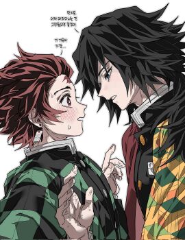 2boys black_hair black_jacket blue_eyes blush bright_pupils brown_eyes brown_hair buttons checkered_haori demon_slayer_uniform earrings gold_buttons hanafuda hanafuda_earrings hands_up haori high_collar highres jacket japanese_clothes jewelry kikkoumon kimetsu_no_yaiba korean_text looking_at_another low_ponytail male_focus multiple_boys parted_lips ponytail print_haori profile red_haori short_hair spiked_hair sweat t_a_n_jr teeth tomioka_giyuu translation_request upper_body white_pupils yaoi