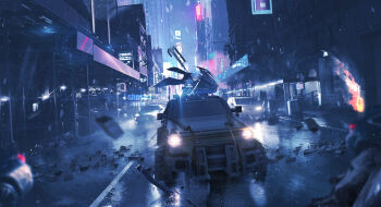 1boy 1girl absurdres arm_around_neck arm_wrap artist_name bandaged_arm bandaged_hand bandages blue_eyes blue_hair building car character_request chinese_commentary city commentary_request debris floating_cape floating_clothes forever_7th_capital hair_between_eyes hand_wraps headlight_beam highres holding holding_scythe lifeline_(a384079959) motor_vehicle neon_sign night outdoors red_eyes road scenery scythe skyscraper sports_utility_vehicle street tu_qieqie urban vehicle_focus wet_pavement