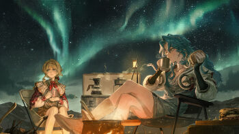 2girls absurdres aurora blonde_hair blue_eyes blue_hair boots braid braided_bangs brown_dress camping camping_chair chair cloak coffee_pot cooking_pot crossed_legs cup deatiose dress drinking feet_out_of_frame folding_chair food grey_boots grey_dress hands_up highres hissabeth holding holding_cup holding_food jacket kiperina long_hair looking_ahead looking_to_the_side low_ponytail mountainous_horizon multiple_girls night on_chair outdoors ponytail red_cloak reverse:1999 sandwich short_dress sitting sky smile snake snake_on_head star_(sky) starry_sky steam white_jacket