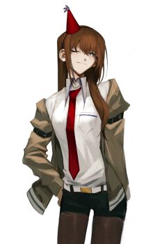 1girl arm_belt belt belt_buckle black_pantyhose black_shorts blue_eyes bright_pupils brown_hair brown_jacket buckle closed_mouth collared_shirt crossed_bangs hair_between_eyes hand_on_own_hip hashtag-only_commentary hat highres jacket jusca_c long_hair looking_at_viewer makise_kurisu necktie off_shoulder one_eye_closed pantyhose pantyhose_under_shorts party_hat red_hat red_necktie ringed_eyes science_adventure shirt shorts simple_background smile solo steins;gate white_background white_belt white_pupils white_shirt