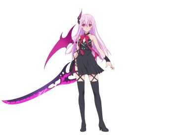 1girl anime_coloring bare_shoulders black_gloves black_jacket black_skirt black_thighhighs bow breasts closed_mouth demon_girl demon_horns demon_wings engage_kiss full_body gloves hair_between_eyes hair_ribbon henshin highres holding holding_sword holding_weapon horns jacket kisara_(engage_kiss) long_hair looking_at_viewer official_art pink_eyes pink_hair pleated_skirt red_eyes red_ribbon ribbon side_slit simple_background single_horn single_wing skirt sleeveless sleeveless_jacket solo standing sword thighhighs thighs transparent_background tsunako weapon wings