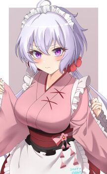 Rule 34 | 1girl, ahoge, apron, artist name, blush, border, breasts, closed mouth, commentary request, dated, double-parted bangs, frilled apron, frilled kimono, frills, grey hair, hair between eyes, hair ornament, hair scrunchie, hair spread out, highres, japanese clothes, kimono, large breasts, long hair, long sleeves, looking at viewer, maid, maid apron, maid headdress, outside border, pink background, pink kimono, purple eyes, red scrunchie, scrunchie, senki zesshou symphogear, shu (syuh9029), signature, simple background, solo, upper body, v-shaped eyebrows, wa maid, white apron, white border, wide sleeves, yukine chris