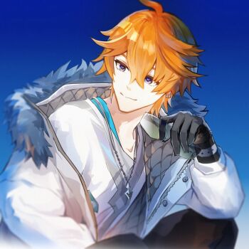 1boy ahoge black_gloves black_pants blue_background blue_eyes closed_mouth commentary_request fur-trimmed_jacket fur_trim genshin_impact gloves hair_between_eyes holding holding_removed_eyewear jacket jewelry looking_at_viewer male_focus necklace official_alternate_costume orange_hair pants qing_ning_elsa shirt short_hair solo tartaglia_(genshin_impact) tartaglia_(xiaomi)_(genshin_impact) unworn_eyewear upper_body white_jacket white_shirt