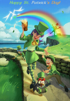 1boy 2girls alcohol angel_(evangelion) arael artist_name ayanami_rei beer belt belt_boots belt_buckle bird black_belt black_footwear black_hair blue_hair blue_sky blush boots bow bowtie brown_pants buckle carrot cauldron cliff cloud clover clover_hair_ornament collared_shirt concertina cumulonimbus_cloud cup day distress dress_shirt drinking drinking_glass drunk energy_beam english_text eva_02 falling_leaves feeding_animal full_body giaster grass green_hat green_jacket green_skirt green_socks green_thighhighs hair_ornament hat hat_ribbon highres holding holding_carrot holding_cup holding_instrument horizon ikari_shinji instrument jacket katsuragi_misato leaf leprechaun multiple_girls music neon_genesis_evangelion nose_blush ocean on_wall open_mouth outdoors outstretched_arms pants parody penguin penpen playing_instrument pointing pun purple_hair rainbow reaching ribbon road saint_patrick&#039;s_day shamrock sheep shirt short_hair signature skirt sky socks splashing stone_wall striped_clothes striped_thighhighs thighhighs tongue tongue_out top_hat wall water white_shirt worried yellow_bow yellow_bowtie