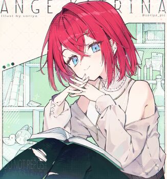 1girl :o ange_katrina ange_katrina_(5th_costume) artist_name banken_(inui_toko) bare_shoulders black_pants blue_eyes blush book book_on_lap bookshelf character_name closed_mouth color_guide commentary_request cowboy_shot crossed_bangs earrings eyelashes gold_necklace grey_shirt hair_between_eyes hair_intakes hair_ornament hairpin interlocked_fingers jewelry layered_shirt looking_at_viewer medium_hair multiple_hairpins necklace nijisanji off_shoulder open_book pants red_hair revision sebastian_piyodore shirt single_hair_intake sleeveless sleeveless_shirt smile solo soriya test_tube test_tube_rack torn_clothes torn_pants twitter_username undershirt virtual_youtuber watermark white_shirt