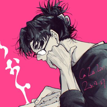 Rule 34 | 1boy, curtained hair, dated, eyeshadow, from side, glasses, greyscale, greyscale with colored background, head rest, highres, holding, holding paper, kagurabachi, looking down, makeup, male focus, monochrome, paper, pink background, profile, reading, red-eye effect, shirt, short hair, signature, smoke, smoke trail, solo, t-shirt, updo, upper body, uruha youji, whalebone 1022