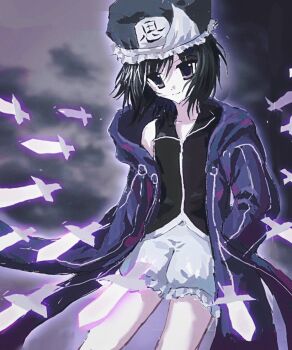 1other 2000s_(style) androgynous arrow_print artist_request bare_legs black_hair black_shirt closed_mouth cloud cloudy_sky coattails collared_shirt commentary cowboy_shot dot_nose english_commentary faux_retro_artstyle frilled_headwear frilled_shorts frills grey_hat hair_between_eyes hand_up happy hat highres hood hood_down hooded_jacket jacket knife len&#039;en looking_at_viewer mob_cap open_clothes open_jacket other_focus outdoors outline puffy_shorts purple_eyes purple_jacket purple_outline second-party_source shirt shitodo_kuroji short_hair shorts single_bare_shoulder sky sleeveless sleeveless_shirt smile solo spell standing triangular_headpiece white_shorts