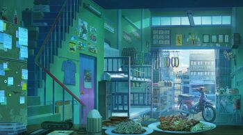 air_conditioner bed blue_shirt blue_sky bottle building bunk_bed clothes_hanger cloud commentary_request day door food highres hoop indoors magnet moped motor_vehicle no_humans original paper plate railing refrigerator refrigerator_magnet rice shirt shop skewer sky stairs table unworn_shirt window yosanann