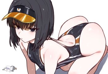 1girl absurdres all_fours ass bad_link black_hair black_one-piece_swimsuit breasts competition_swimsuit curvy ebora fate/grand_order fate_(series) highleg highleg_one-piece_swimsuit highres huge_ass kuonji_alice looking_at_viewer mahou_tsukai_no_yoru melusine_(fate) one-piece_swimsuit one-piece_thong short_hair small_breasts solo swimsuit visor_cap wide_hips