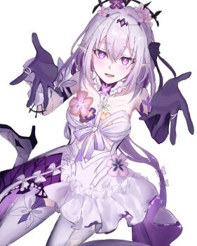 Rule 34 | 1girl, bare shoulders, beckoning, black tiara, blush, breasts, bug, butterfly, castorice (honkai: star rail), dress, elbow gloves, fibe7z, flower, gloves, hair flower, hair ornament, hashtag-only commentary, highres, honkai: star rail, honkai (series), insect, long hair, looking at viewer, pointy ears, purple butterfly, purple eyes, purple flower, purple gloves, purple hair, sitting, smile, solo, tiara, very long hair, wariza, white background, white dress