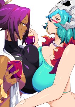 2024 2girls bare_shoulders bleach bracelet breasts breasts_squeezed_together collarbone cup dark-skinned_female dark_skin drinking_glass earrings espada facial_mark green_eyes green_hair hair_ornament highres holding_wine_glass hollow_mask hoop_earrings jewelry large_breasts long_hair mask mask_on_head multiple_girls nelliel_tu_odelschwanck parted_lips ponytail purple_hair shihouin_yoruichi simple_background skull_on_head white_background wine_glass yellow_eyes young_pvch