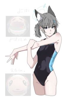 Rule 34 | 1girl, 5zymp, animal crossing, animal crossing: new horizons, animal ear fluff, animal ears, black one-piece swimsuit, blue archive, blue eyes, breasts, character request, competition swimsuit, covered navel, cowboy shot, cross hair ornament, extra ears, grey hair, hair ornament, halo, highres, low ponytail, medium breasts, medium hair, mismatched pupils, multicolored swimsuit, official alternate costume, one-piece swimsuit, ponytail, shiroko (blue archive), shiroko (swimsuit) (blue archive), solo, stretching, swimsuit, translation request, white background, wolf ears