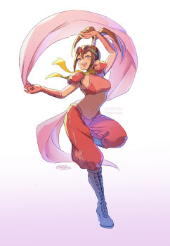 1girl baggy_pants boots brown_hair f-zero f-zero_gx full_body gloves goggles goggles_on_head gradient_background long_hair looking_at_viewer midriff navel nintendo open_mouth pants pauldrons pink_background princia_ramode ribbon second-party_source shoulder_armor smile solo suneiaaa yellow_eyes