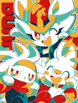 ;d blush blush_stickers cinderace closed_eyes commentary_request evolutionary_line gen_8_pokemon highres limited_palette nintendo one_eye_closed open_mouth outline paw_pose pokemon pokemon_(creature) pokemon_focus raboot scorbunny smile sowao. teeth upper_teeth_only white_outline