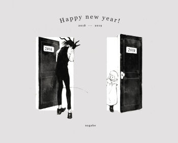1boy 1girl 2019 body_fur child dated door dress english_text furry furry_male grey_background greyscale happy_new_year horns looking_at_another monochrome nagabe new_year sensei_(totsukuni_no_shoujo) shiva_(totsukuni_no_shoujo) simple_background tail totsukuni_no_shoujo vest